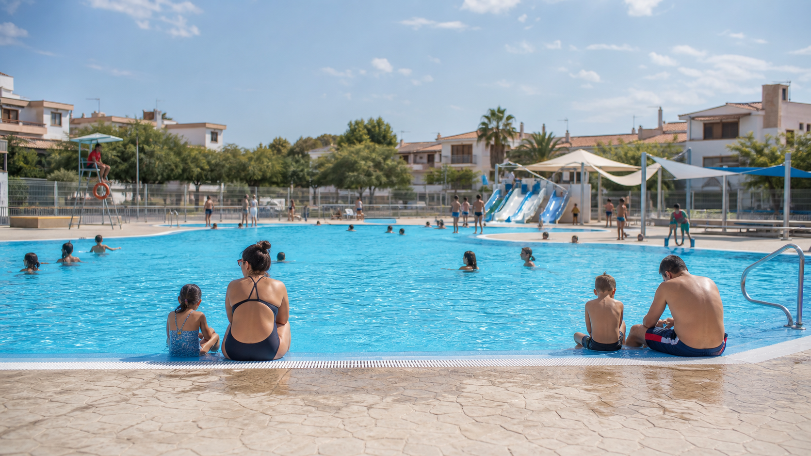 Recreación generada con IA de familias en una piscina exterior de un complejo acuático mediterráneo