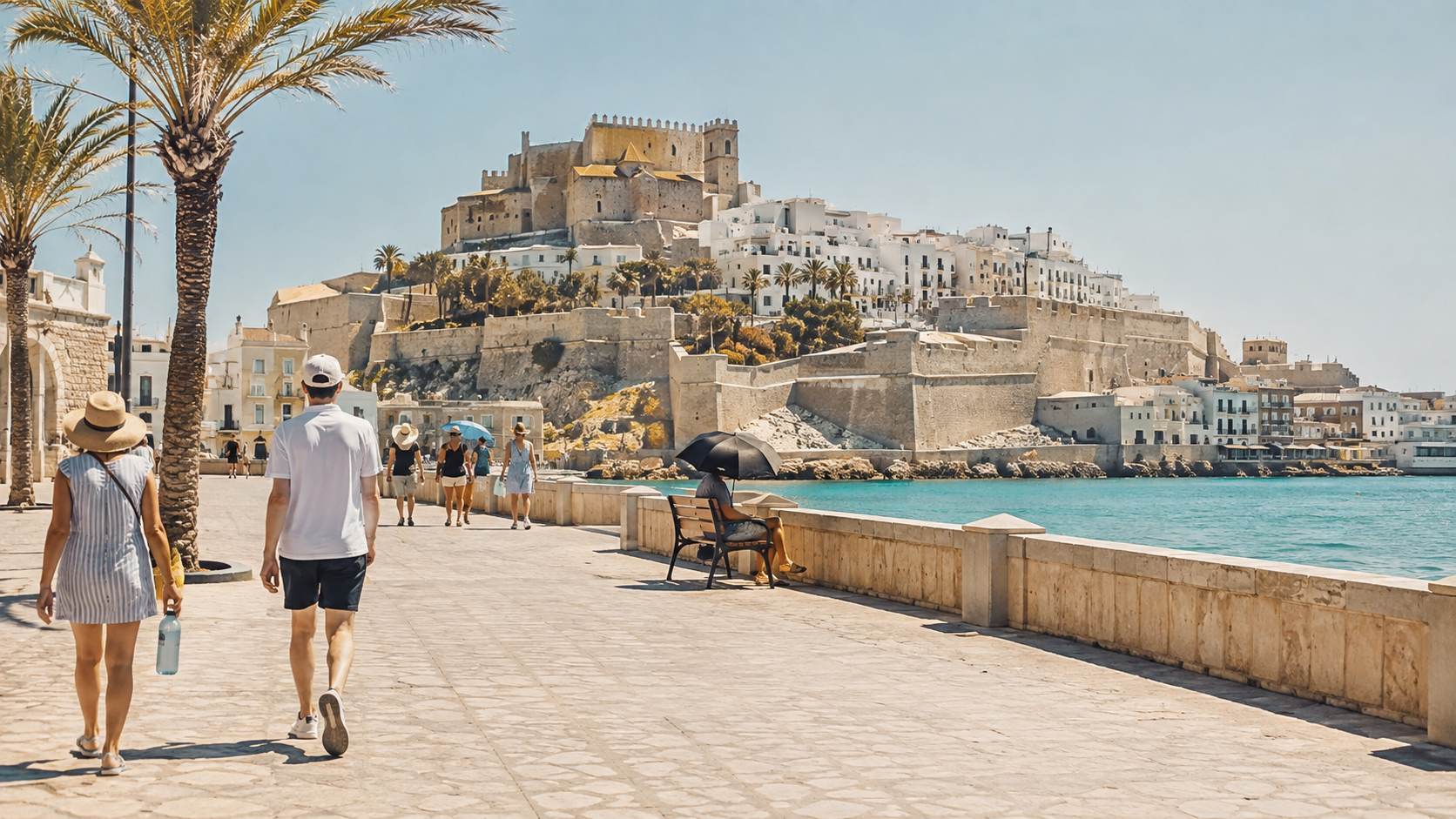 Recreación generada con IA de un paseo mediterráneo bajo un sol intenso y con personas buscando sombra
