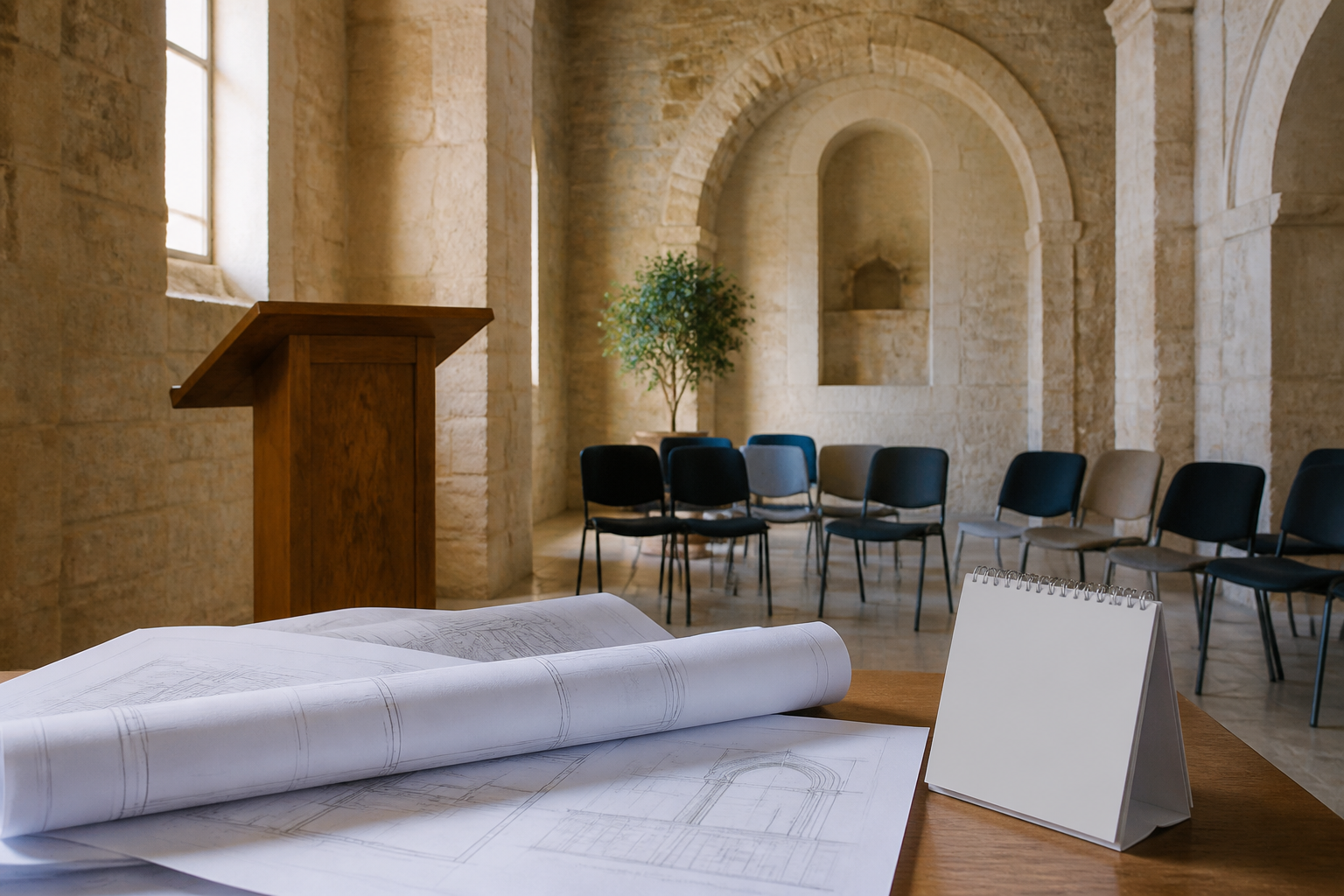 Recreación generada con IA de una sala patrimonial vacía con atril, planos y calendario sin fecha