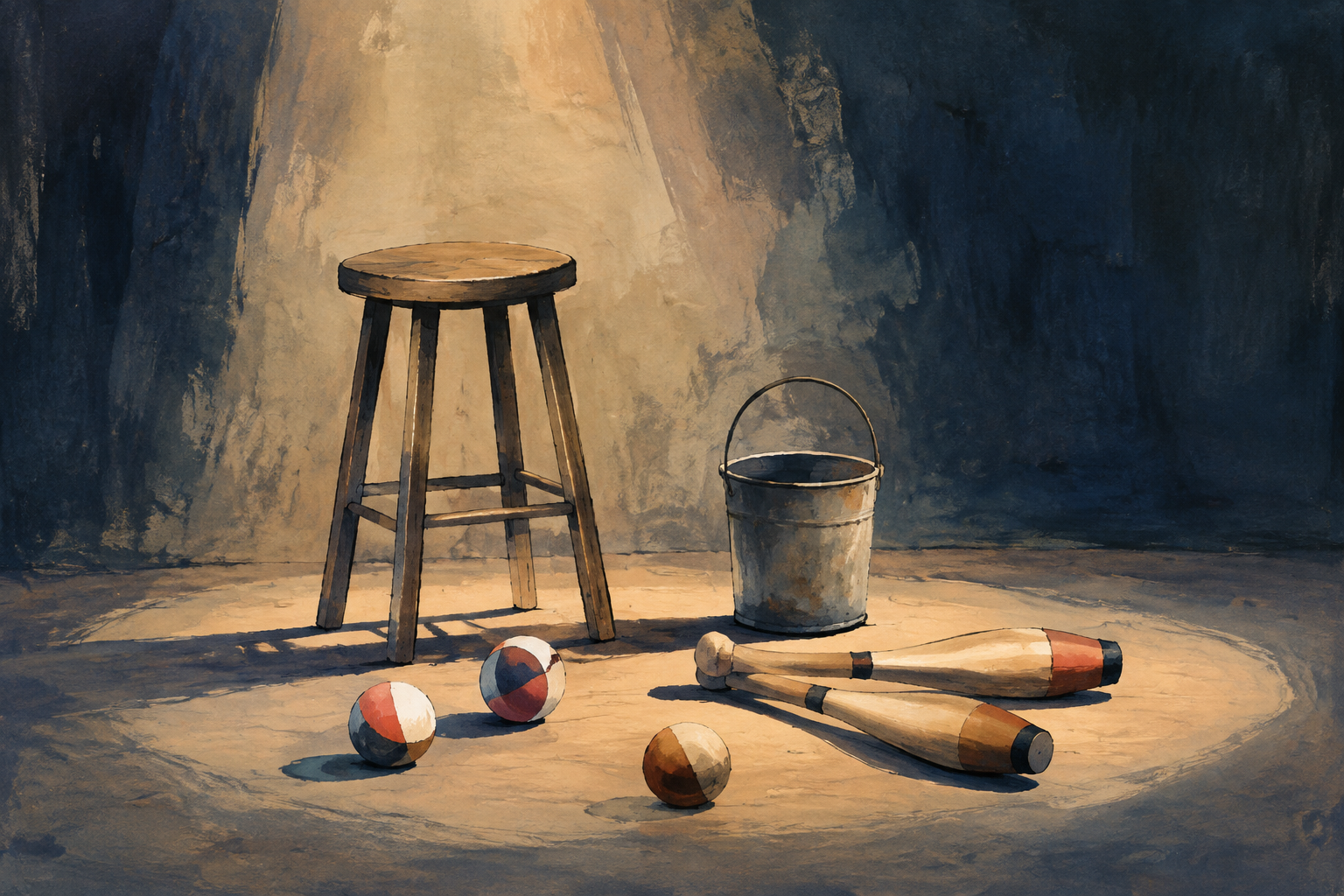 Ilustración generada con IA de objetos de circo contemporáneo bajo una iluminación teatral