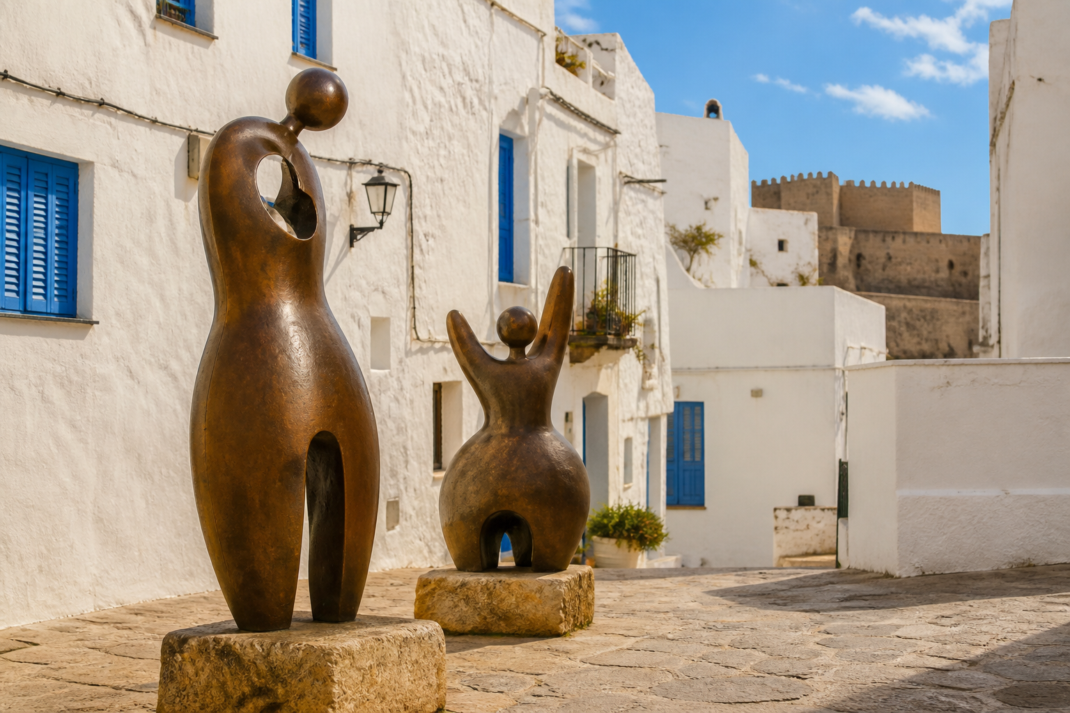 Dos esculturas abstractas originales en una plaza mediterránea