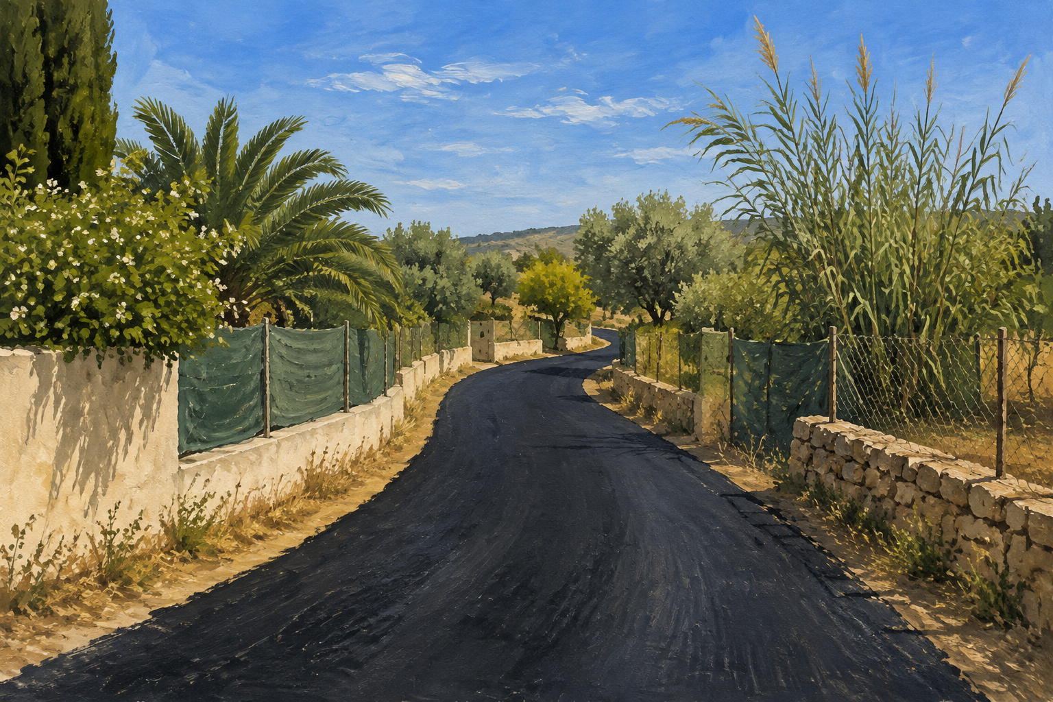 Ilustración generada con IA de un camino mediterráneo recién asfaltado entre cercados y vegetación