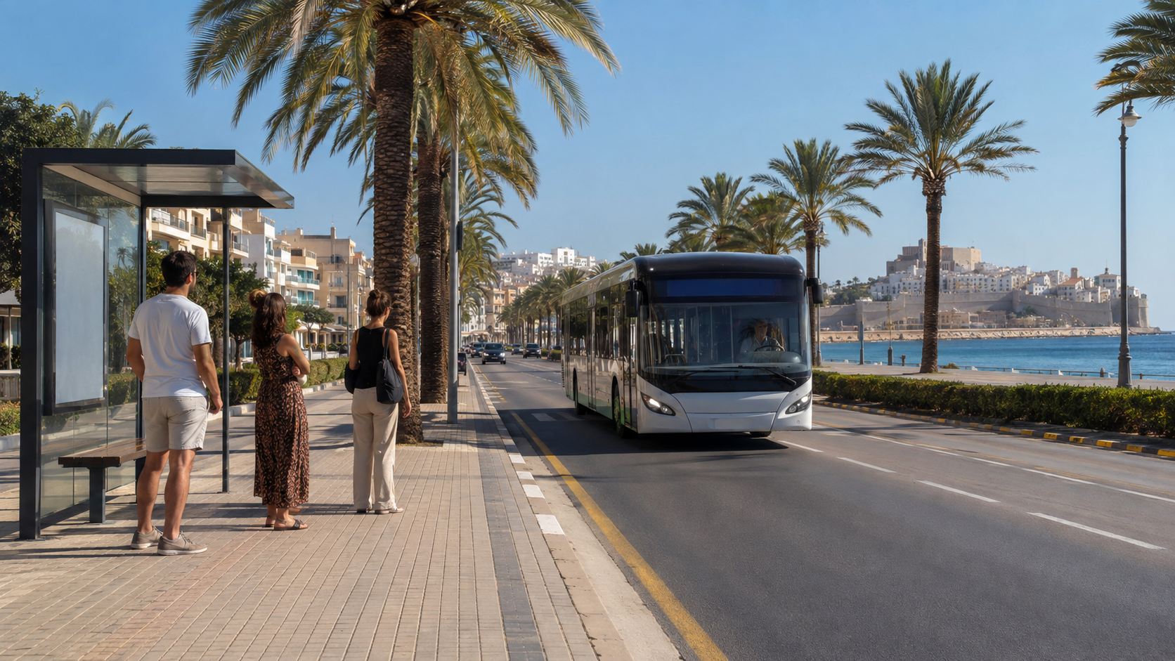 Recreación generada con IA de un autobús urbano sin marca llegando a una parada en una avenida mediterránea