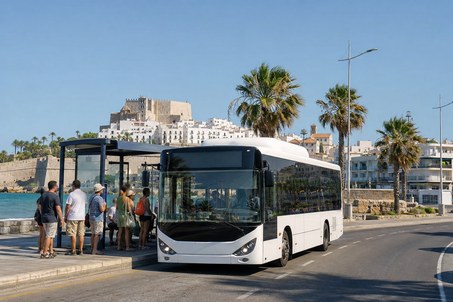 Recreación generada con IA de un autobús urbano sin marca en una avenida costera de Peñíscola