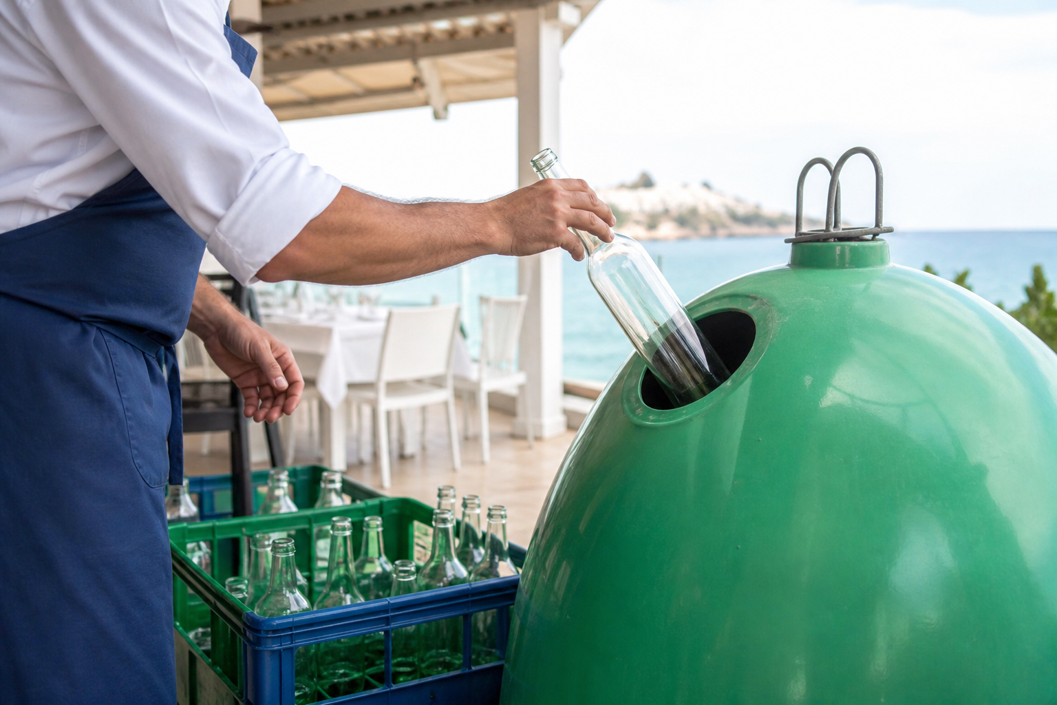 Trabajador de hostelería depositando una botella sin marca en un contenedor de vidrio