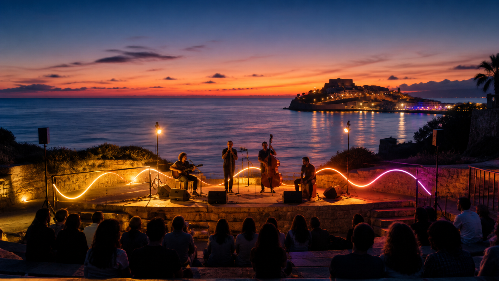 Recreación generada con IA de un grupo musical genérico actuando en un anfiteatro junto al mar al atardecer