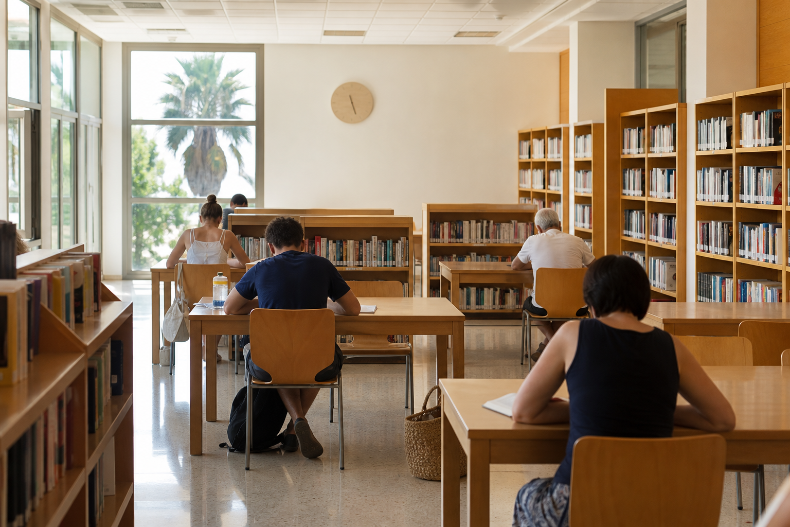 Recreación generada con IA de lectores en una biblioteca pública durante una mañana de verano