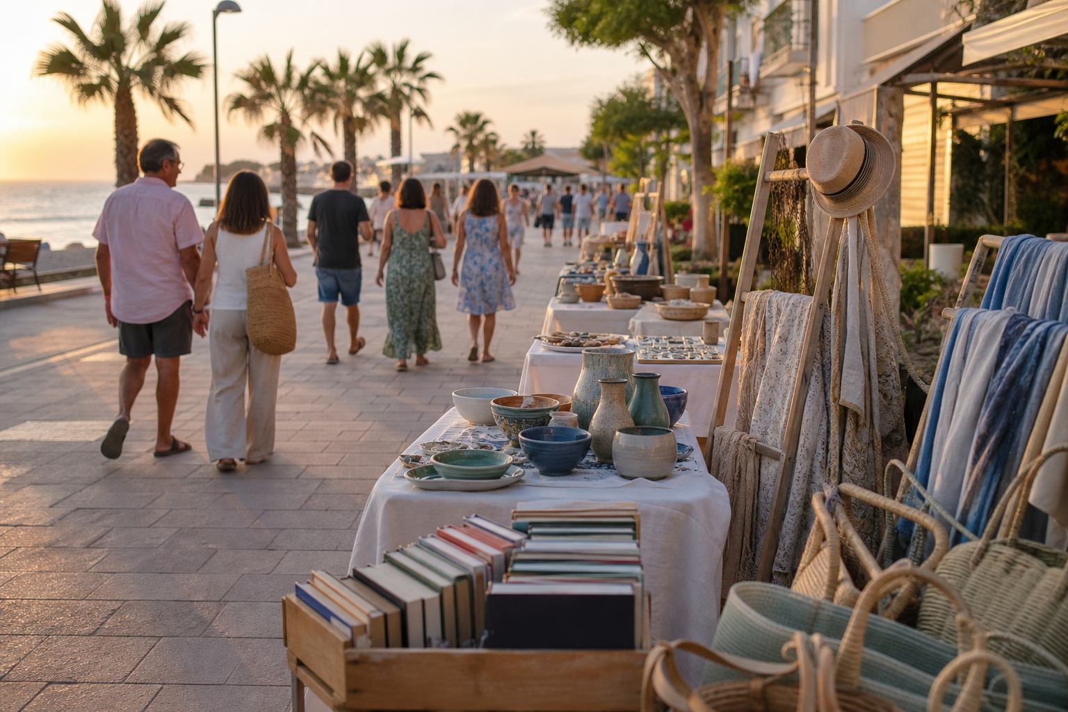 Puestos de comercio y artesanía en un paseo marítimo al atardecer