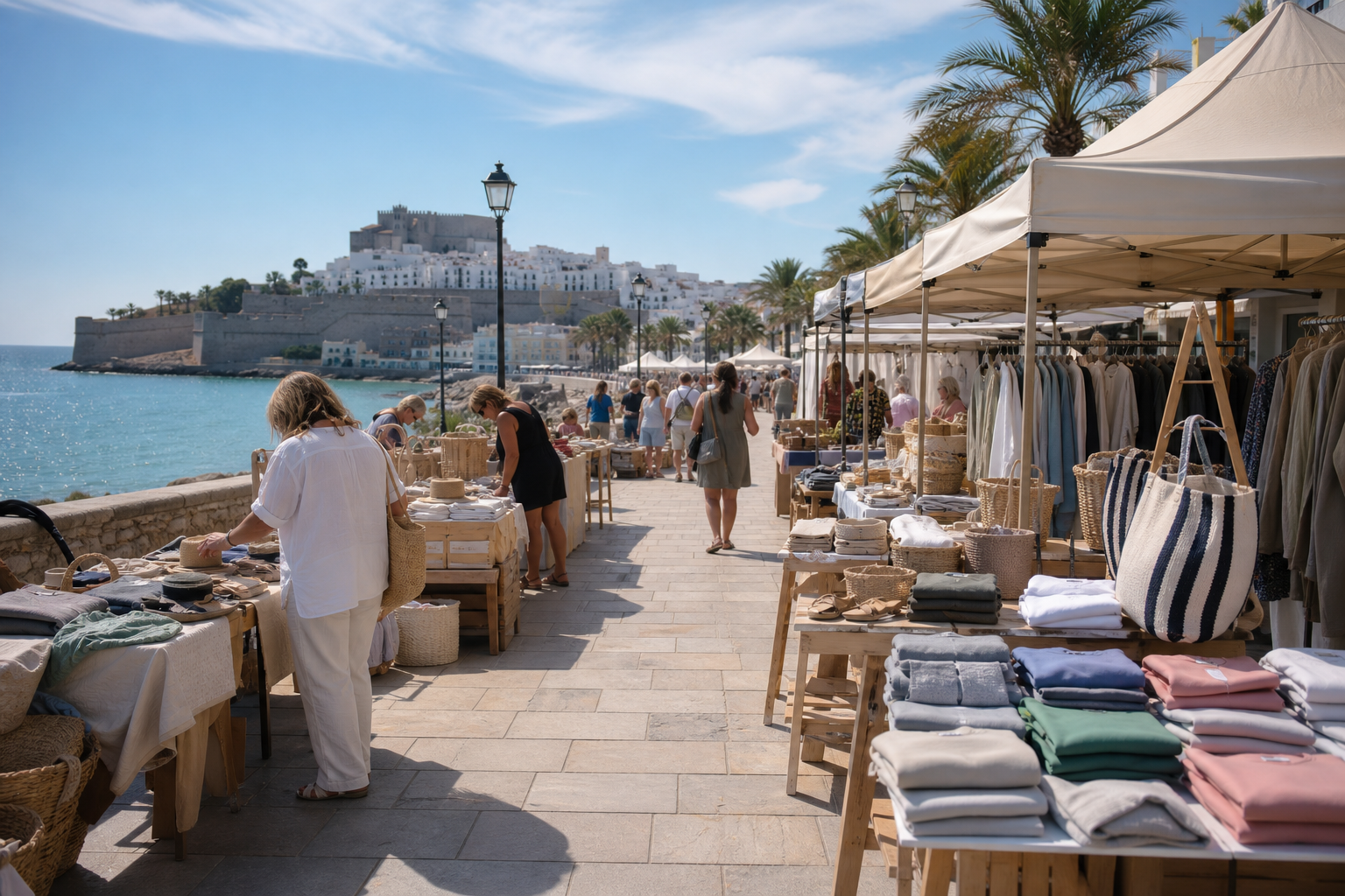 Recreación generada con IA de puestos de comercio local y clientes en un paseo marítimo mediterráneo
