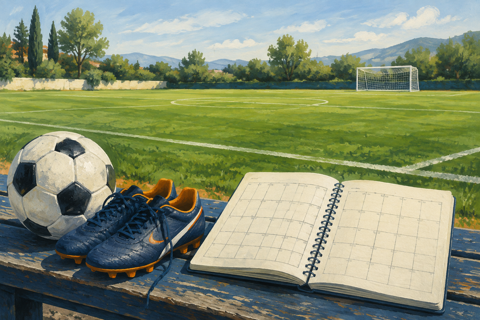 Ilustración generada con IA de un balón, unas botas y una libreta junto a un campo de fútbol vacío