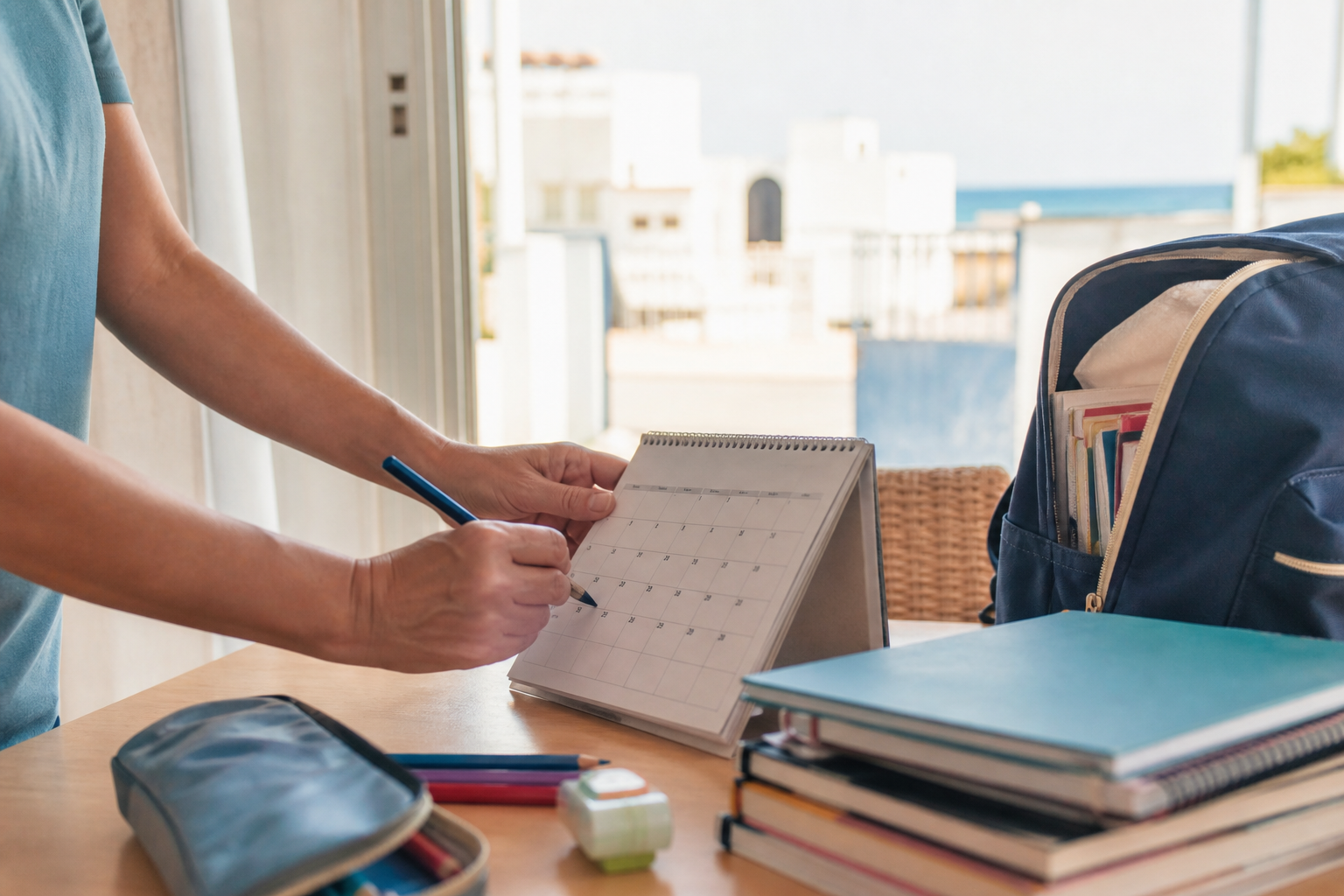 Recreación generada con IA de una familia preparando el calendario y el material para la vuelta al colegio en Peñíscola