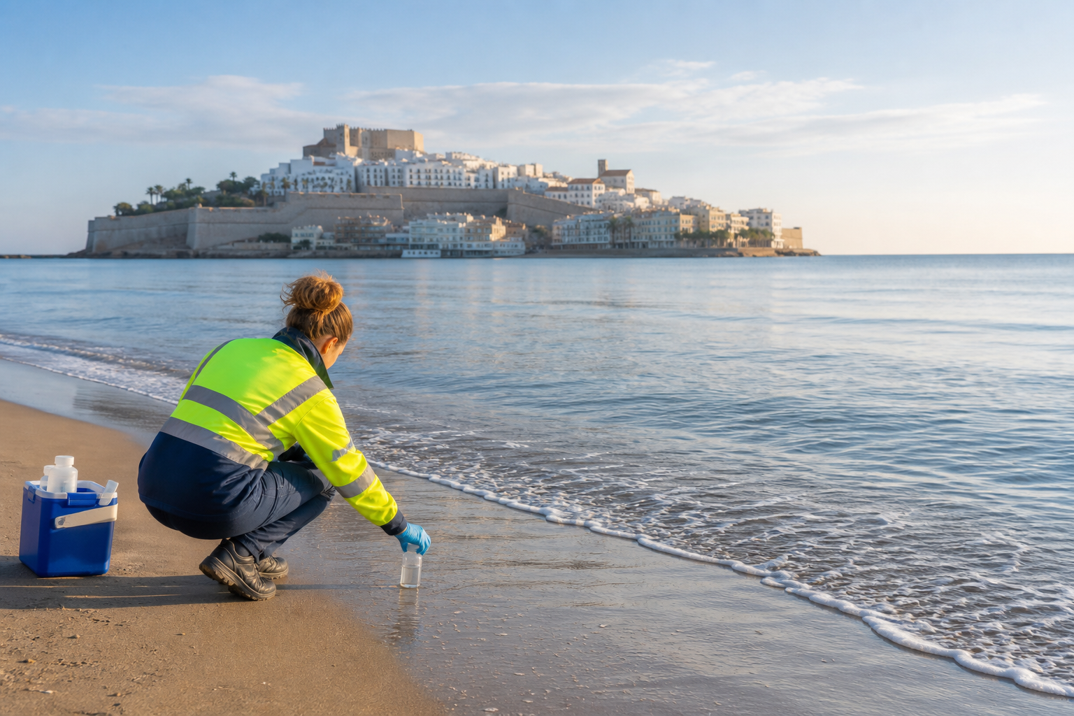 Ilustración generada con IA de una técnica tomando una muestra de agua en una playa de Peñíscola