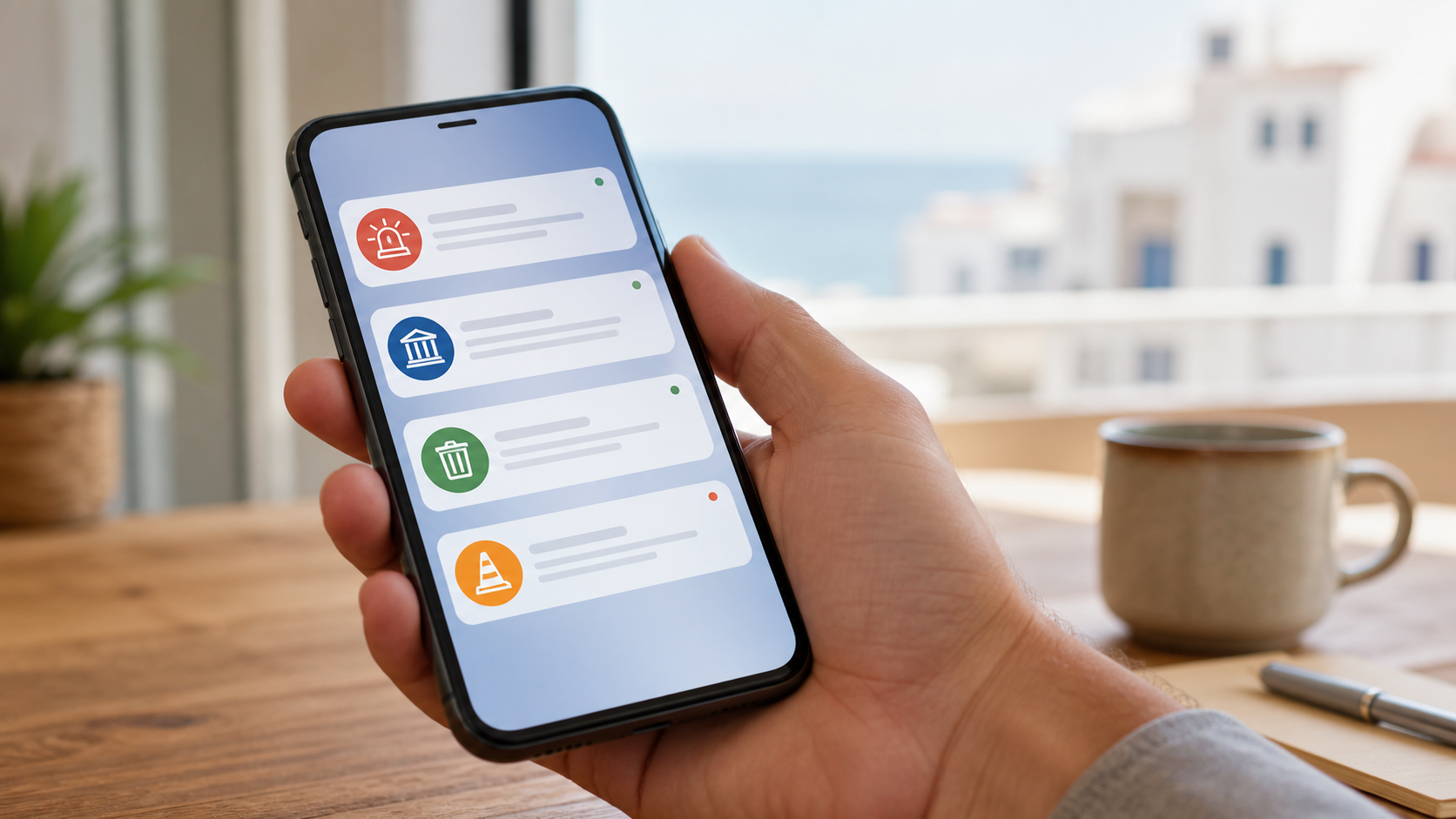 Recreación generada con IA de un teléfono mostrando notificaciones municipales genéricas