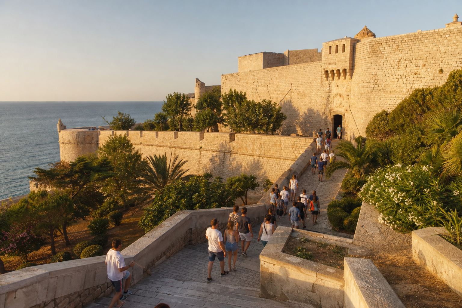 Recreación generada con IA de visitantes entrando en una fortaleza mediterránea inspirada en Peñíscola