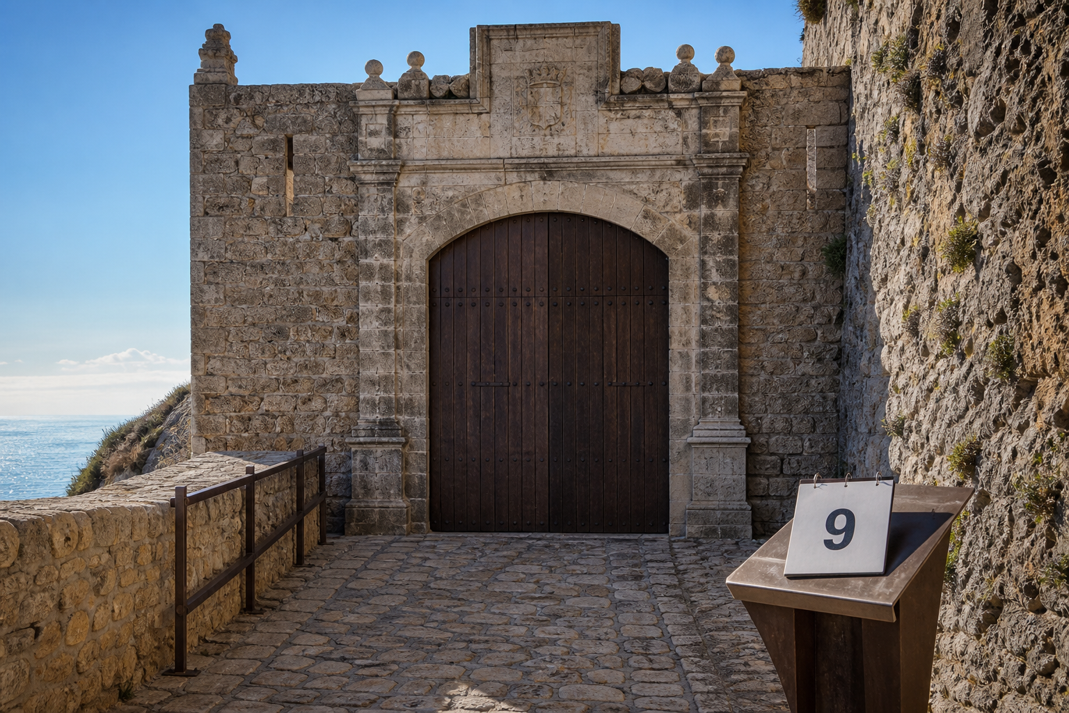 Recreación generada con IA de la puerta cerrada de una fortaleza mediterránea junto a un calendario con el número nueve