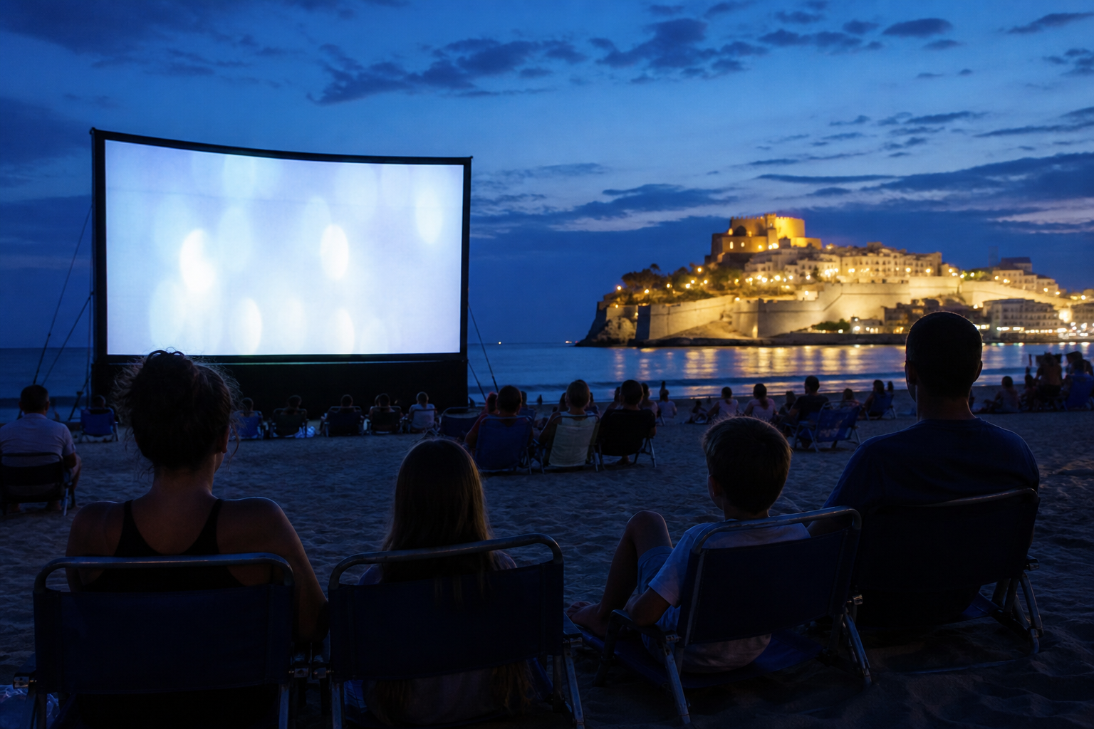 Sesión de cine al aire libre en una playa frente a un casco histórico iluminado
