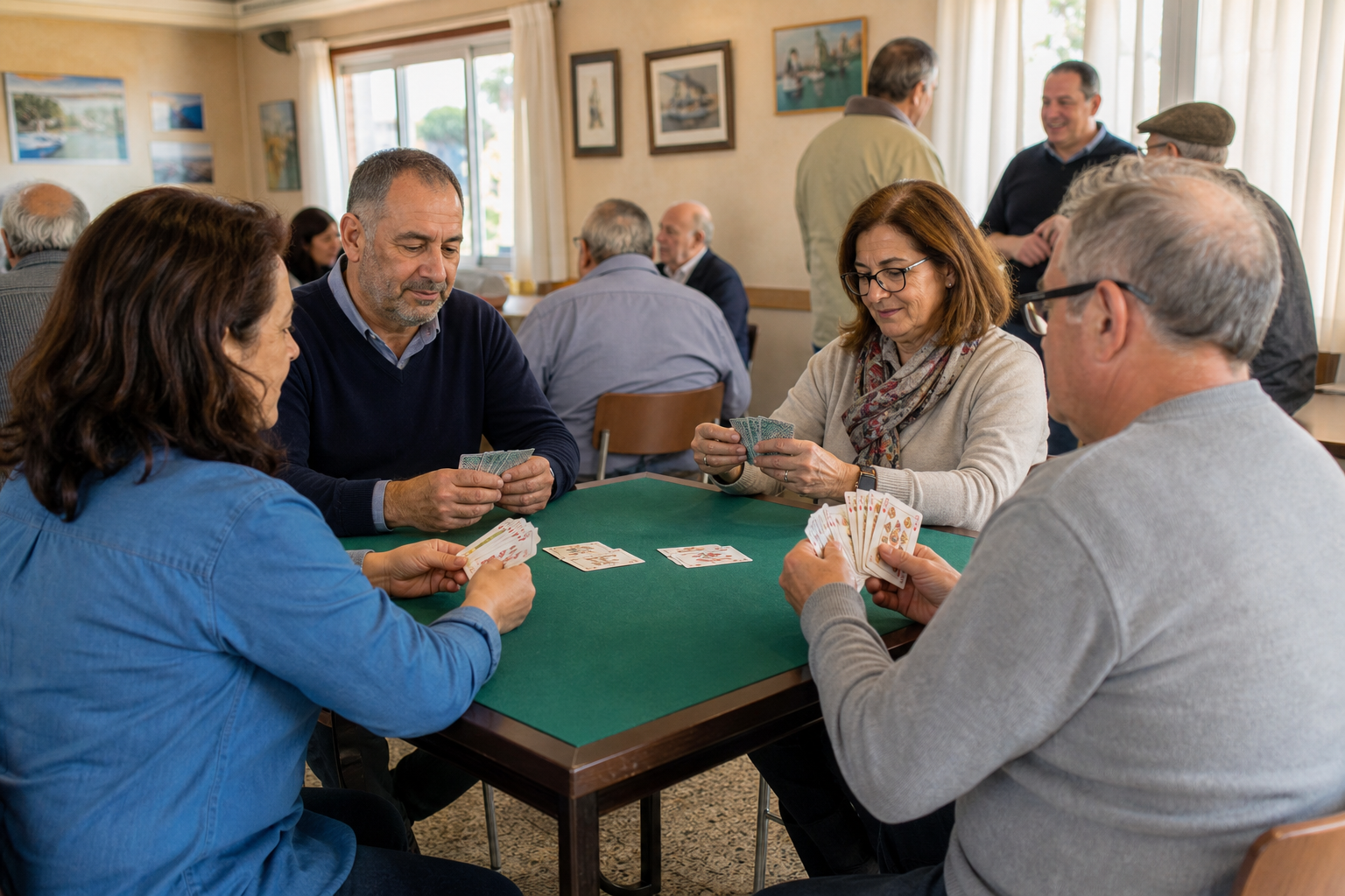 Recreación generada con IA de cuatro personas adultas jugando a las cartas en un club social