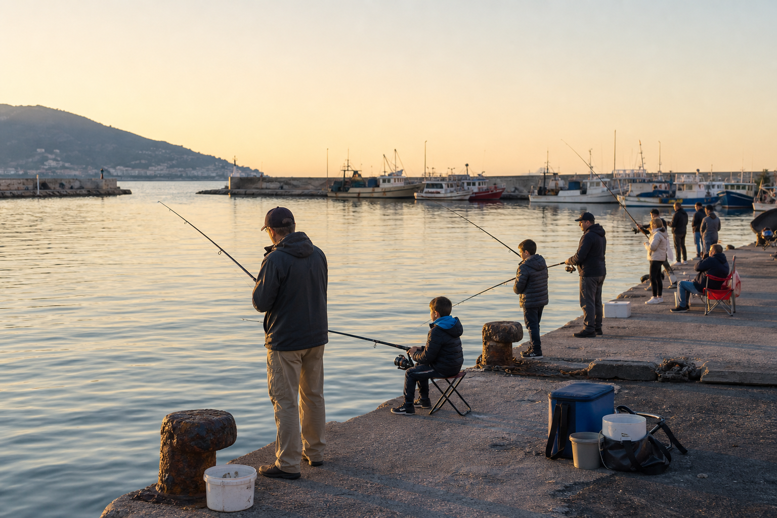 Recreación generada con IA de un concurso comunitario de pesca recreativa en un puerto mediterráneo