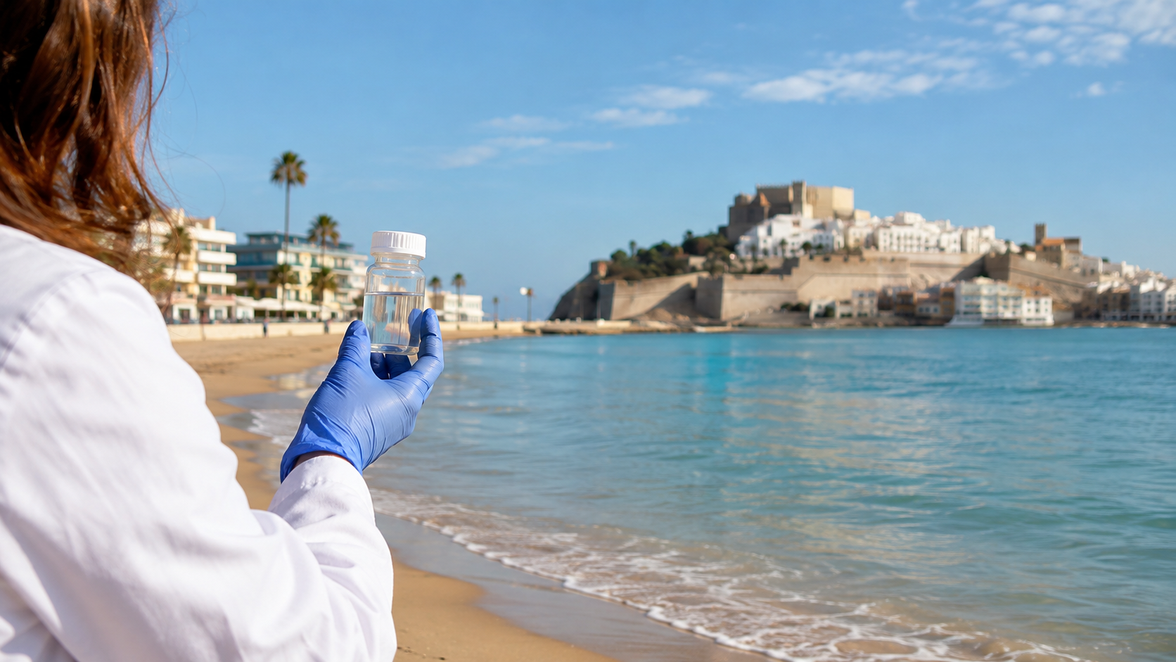 Recreación generada con IA de una técnica tomando una muestra de agua en una playa inspirada en Peñíscola