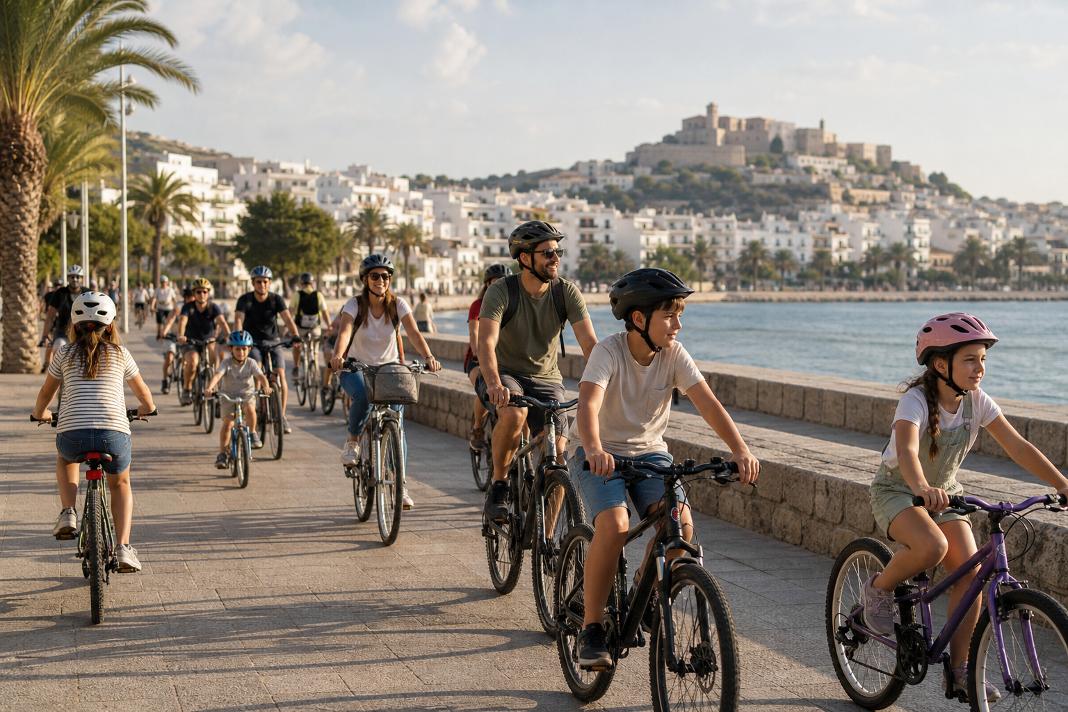 Recreación generada con IA de familias y adultos participando en una marcha ciclista junto al mar
