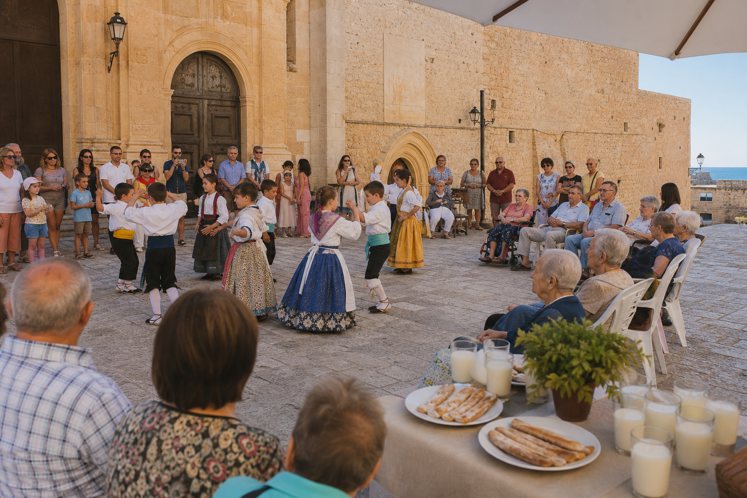 Recreación generada con IA de mayores observando una actuación infantil tradicional en una plaza histórica mediterránea