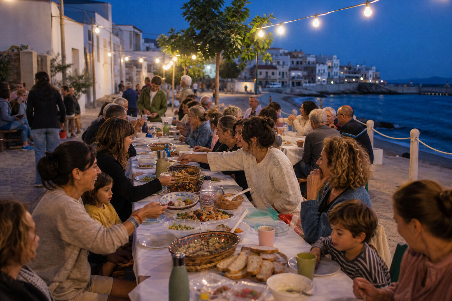 Recreación generada con IA de una cena vecinal al aire libre junto al mar en una localidad mediterránea