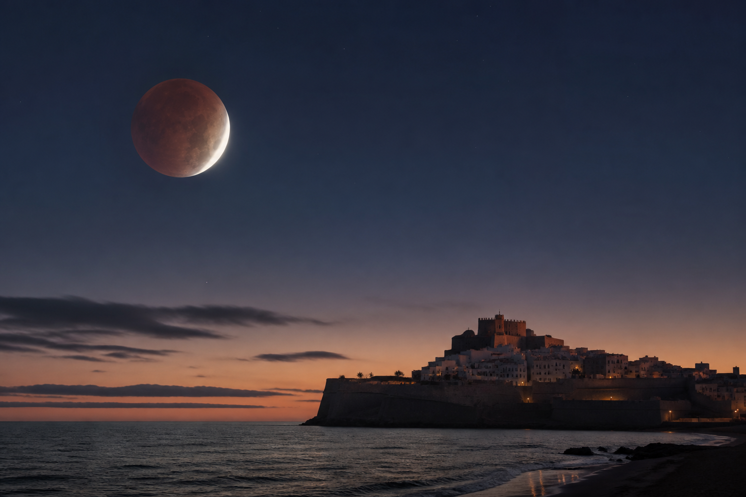 Recreación generada con IA de un eclipse lunar rojizo sobre la silueta costera de Peñíscola antes del amanecer