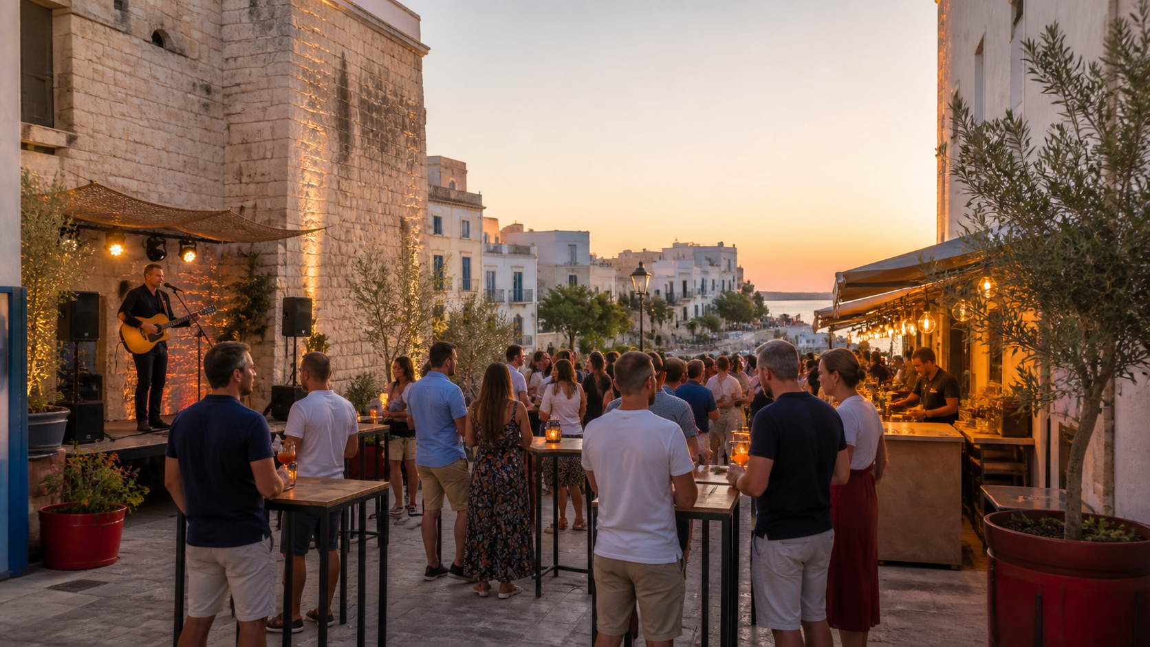 Recreación generada con IA de un recinto festivo vespertino con música y puestos gastronómicos en una calle mediterránea