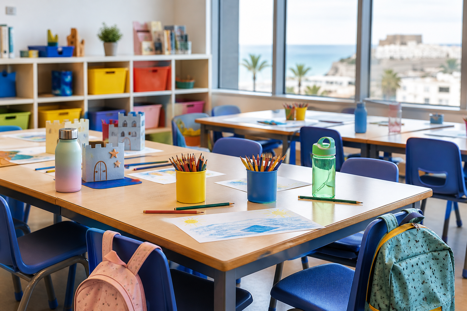 Aula infantil vacía con material de dibujo y manualidades de verano