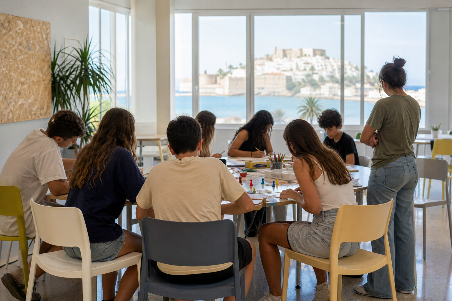 Recreación generada con IA de un grupo juvenil realizando actividades en una sala comunitaria