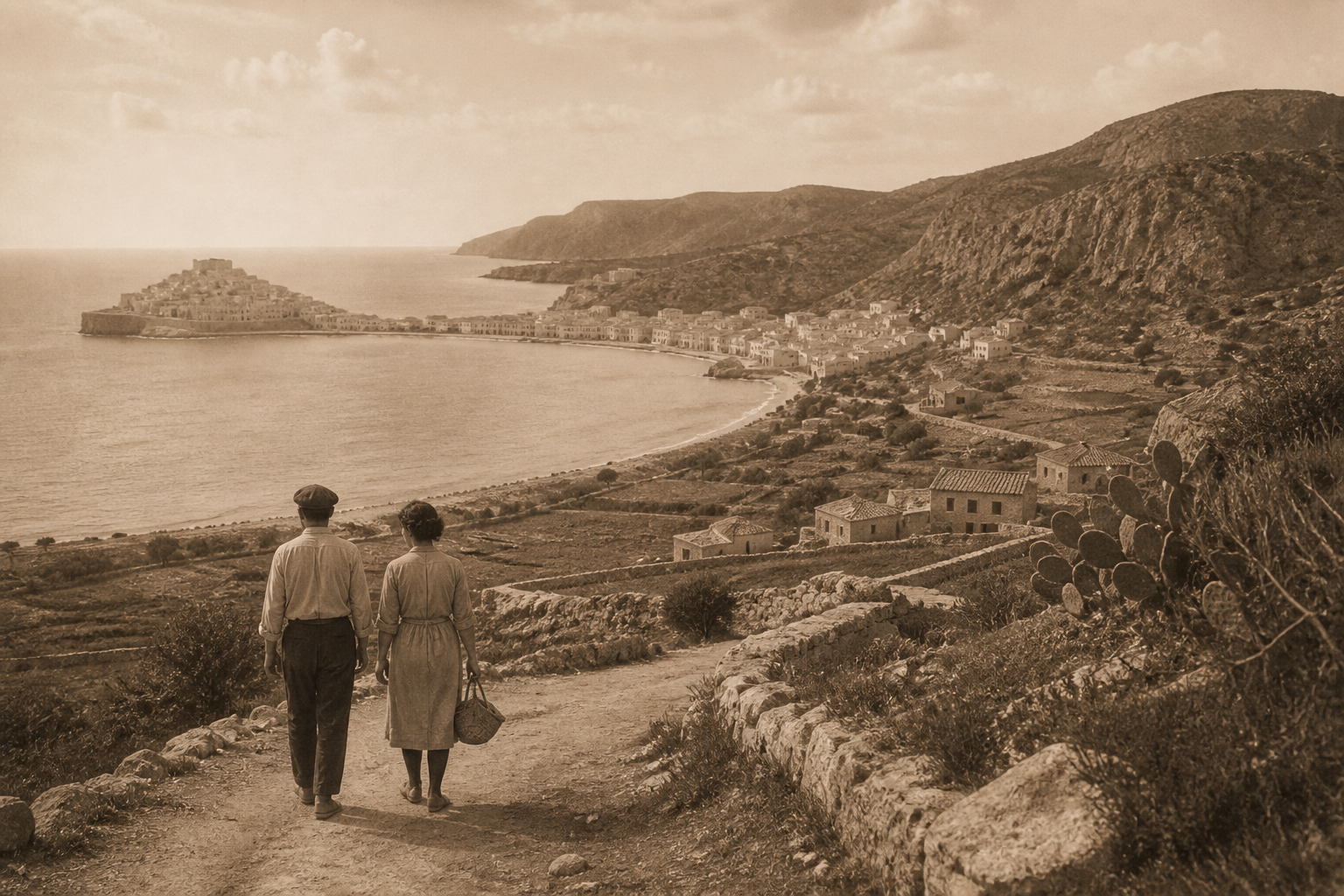Recreación histórica generada con IA de dos personas contemplando la antigua costa habitada de Peñíscola en tonos sepia