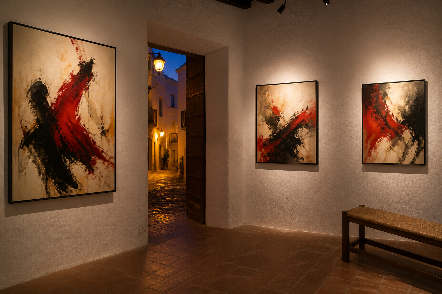 Recreación generada con IA de una sala de exposiciones con pinturas abstractas inspiradas en el movimiento flamenco