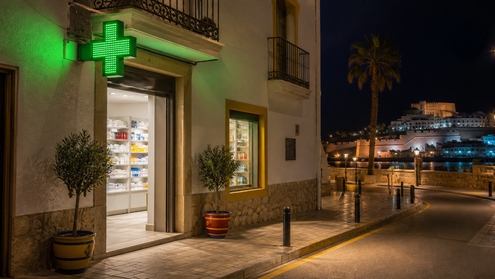 Recreación generada con IA de una farmacia de guardia genérica abierta de noche en Peñíscola