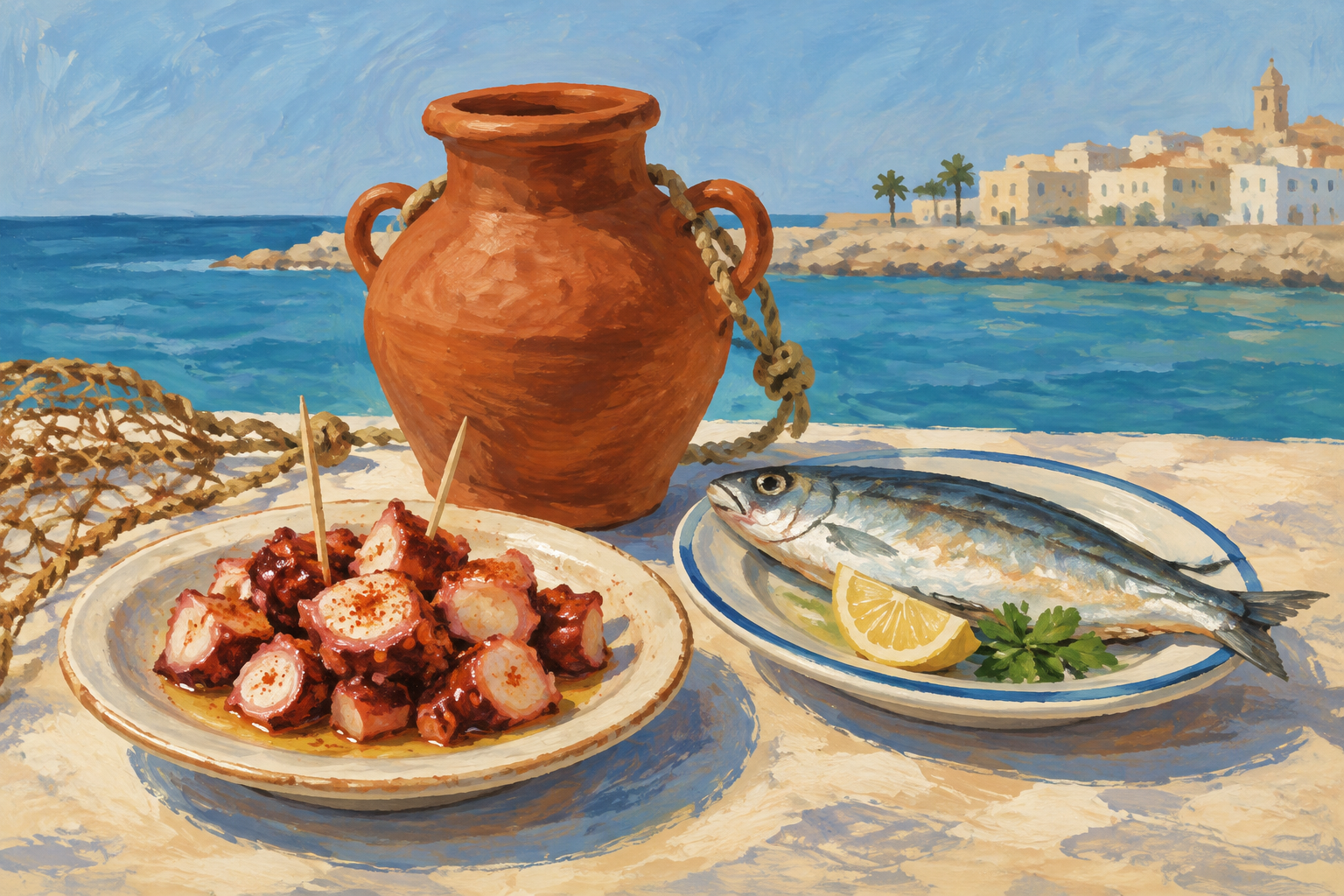 Ilustración generada con IA de una mesa marinera con pulpo, pescado y una vasija de barro