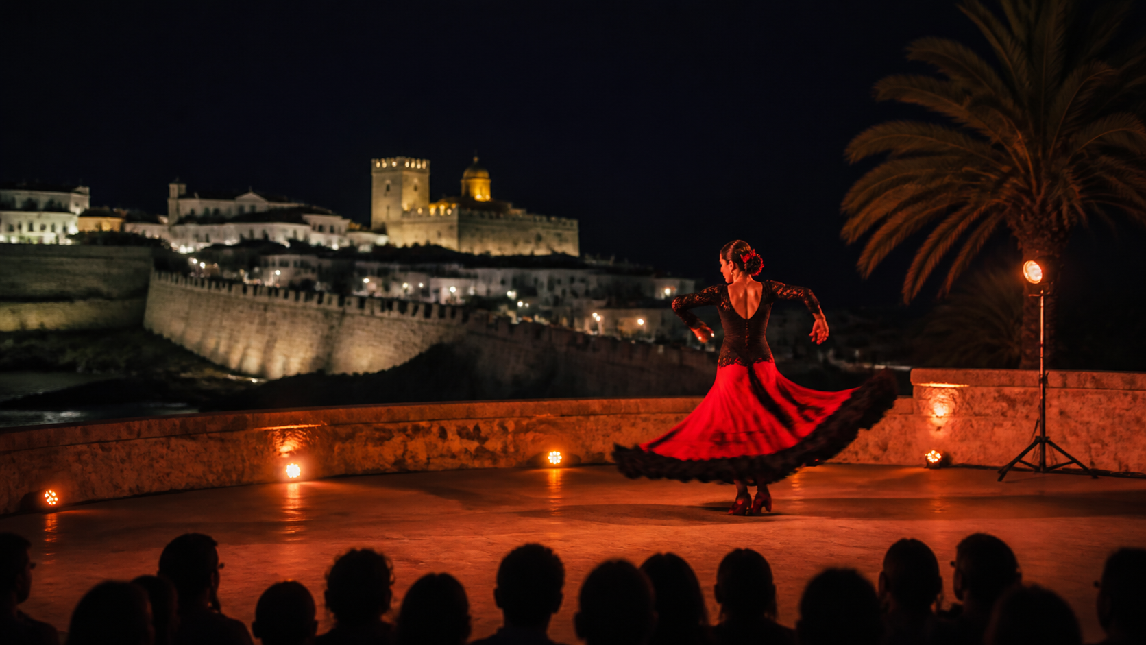 Recreación generada con IA de una actuación flamenca genérica en una noche de verano en Peñíscola