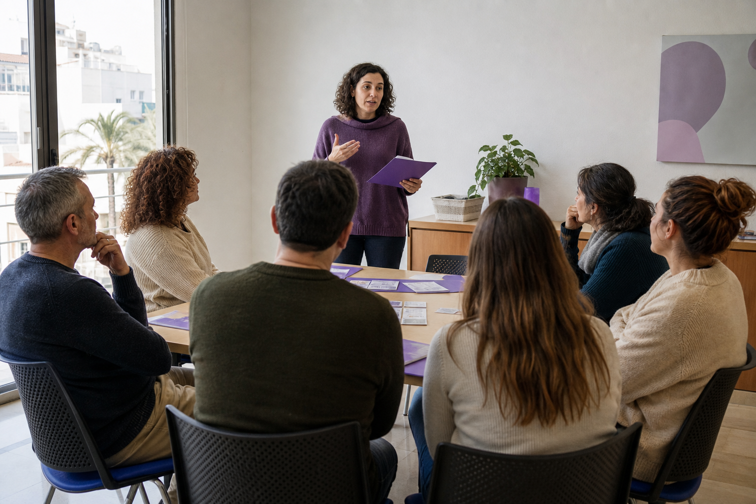 Recreación generada con IA de una formación de personas voluntarias con material informativo violeta