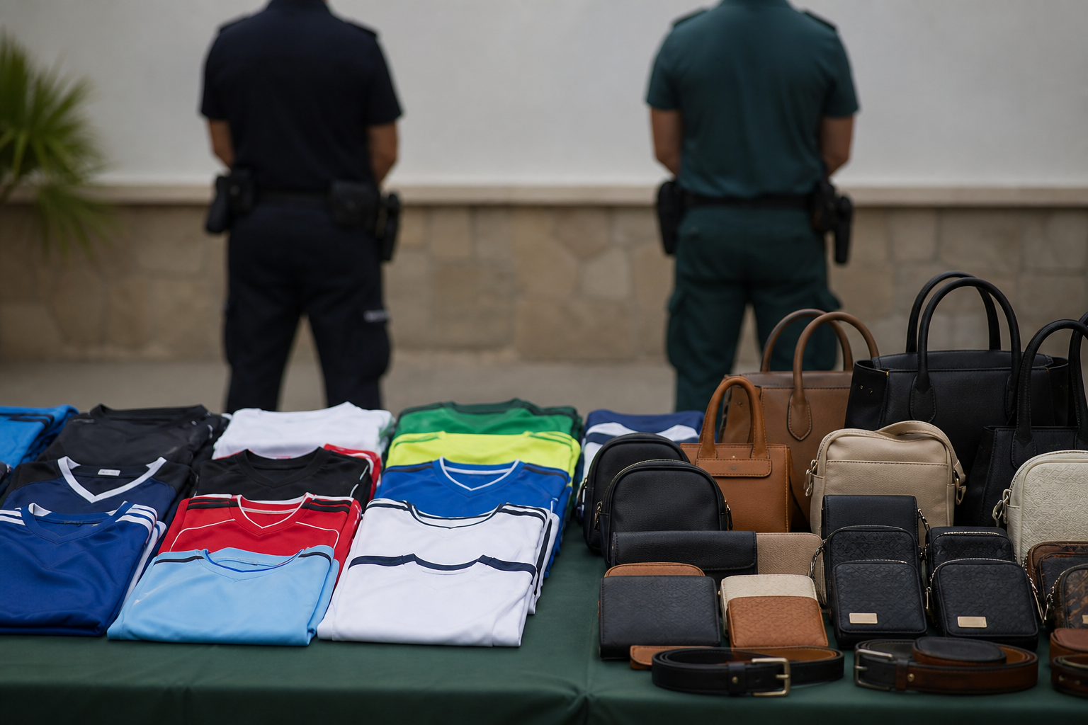 Recreación generada con IA de camisetas y bolsos sin marca dispuestos ante dos agentes genéricos