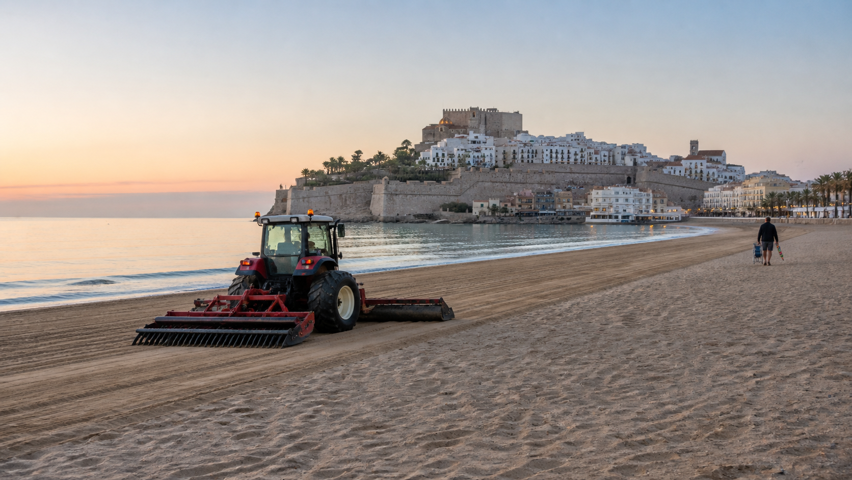 Recreación generada con IA de la limpieza de una playa de Peñíscola al amanecer