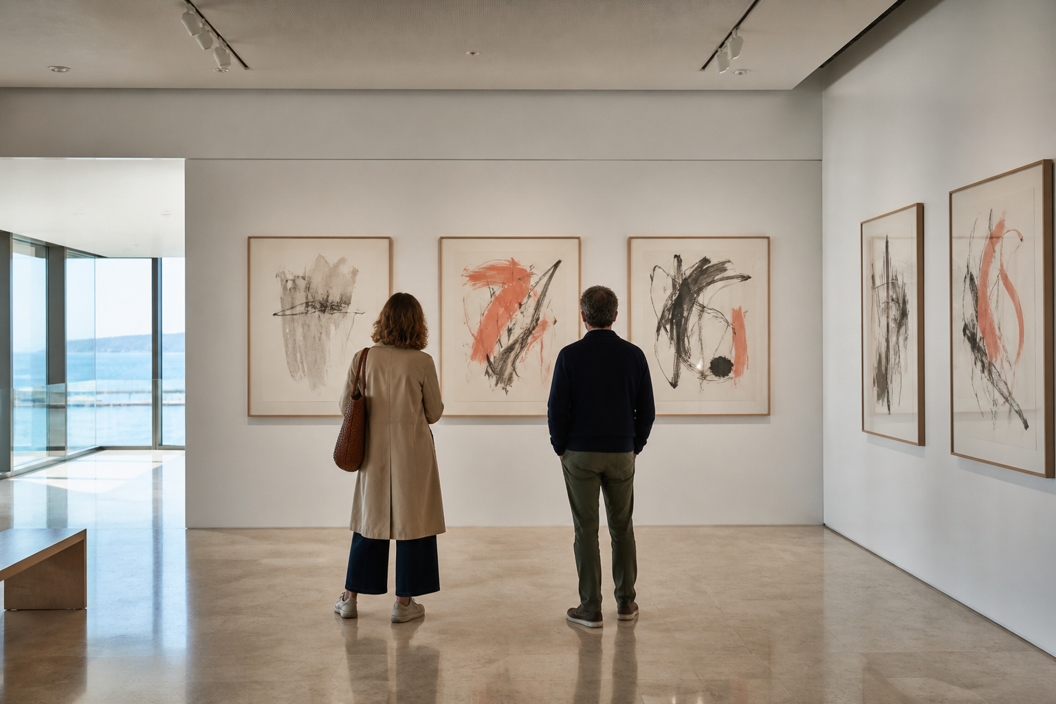Recreación generada con IA de dos visitantes ante dibujos abstractos en una sala de exposiciones contemporánea