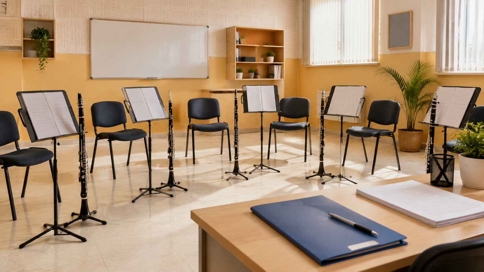 Recreación generada con IA de un aula vacía preparada para clases de clarinete y una carpeta de matrícula