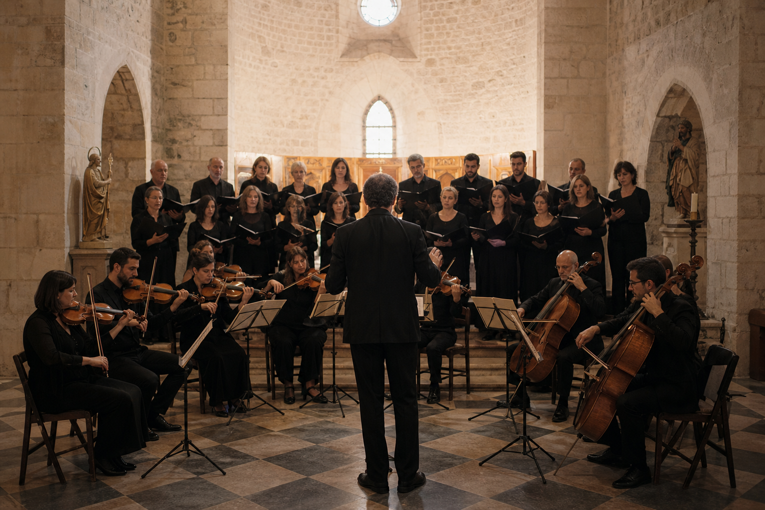 Recreación generada con IA de una coral y una orquesta de cámara actuando en una iglesia histórica mediterránea