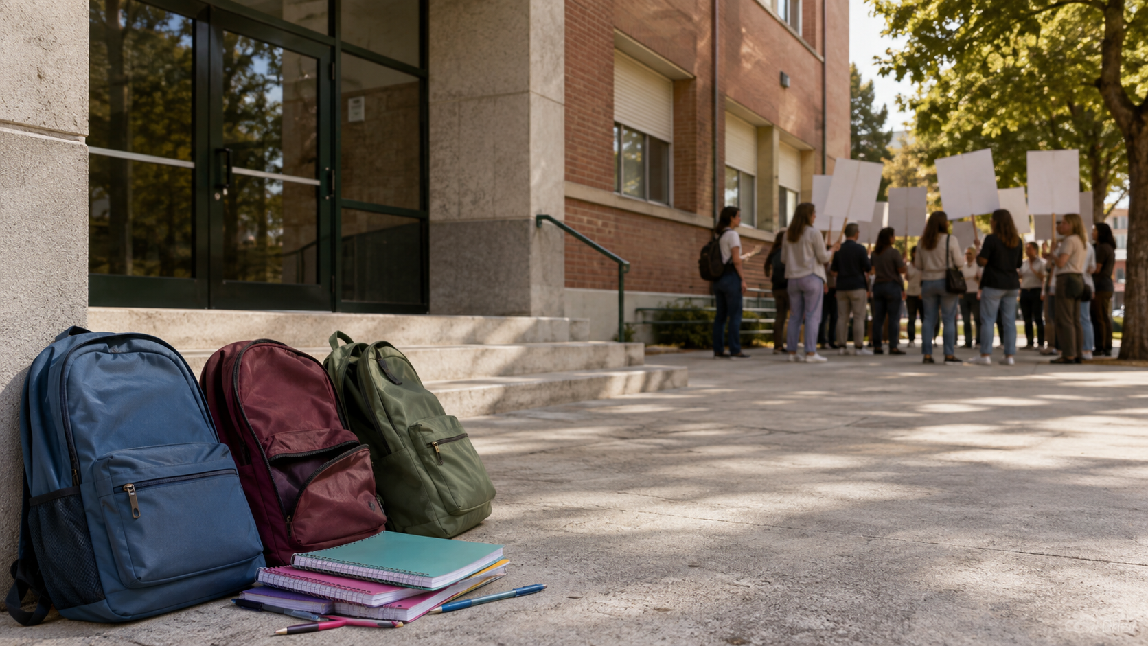 Recreación generada con IA de mochilas ante un centro educativo y una concentración pacífica al fondo
