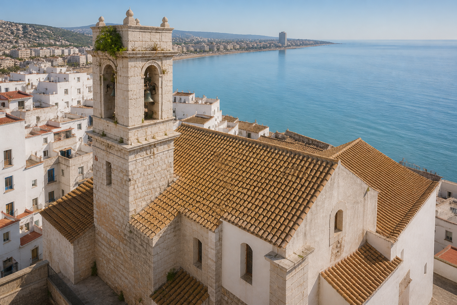 Recreación generada con IA del exterior de la iglesia de Santa María entre las casas blancas y la costa de Peñíscola