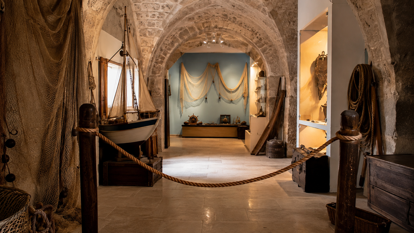 Recreación generada con IA del interior de un museo marítimo cerrado temporalmente con una cuerda ante sus vitrinas