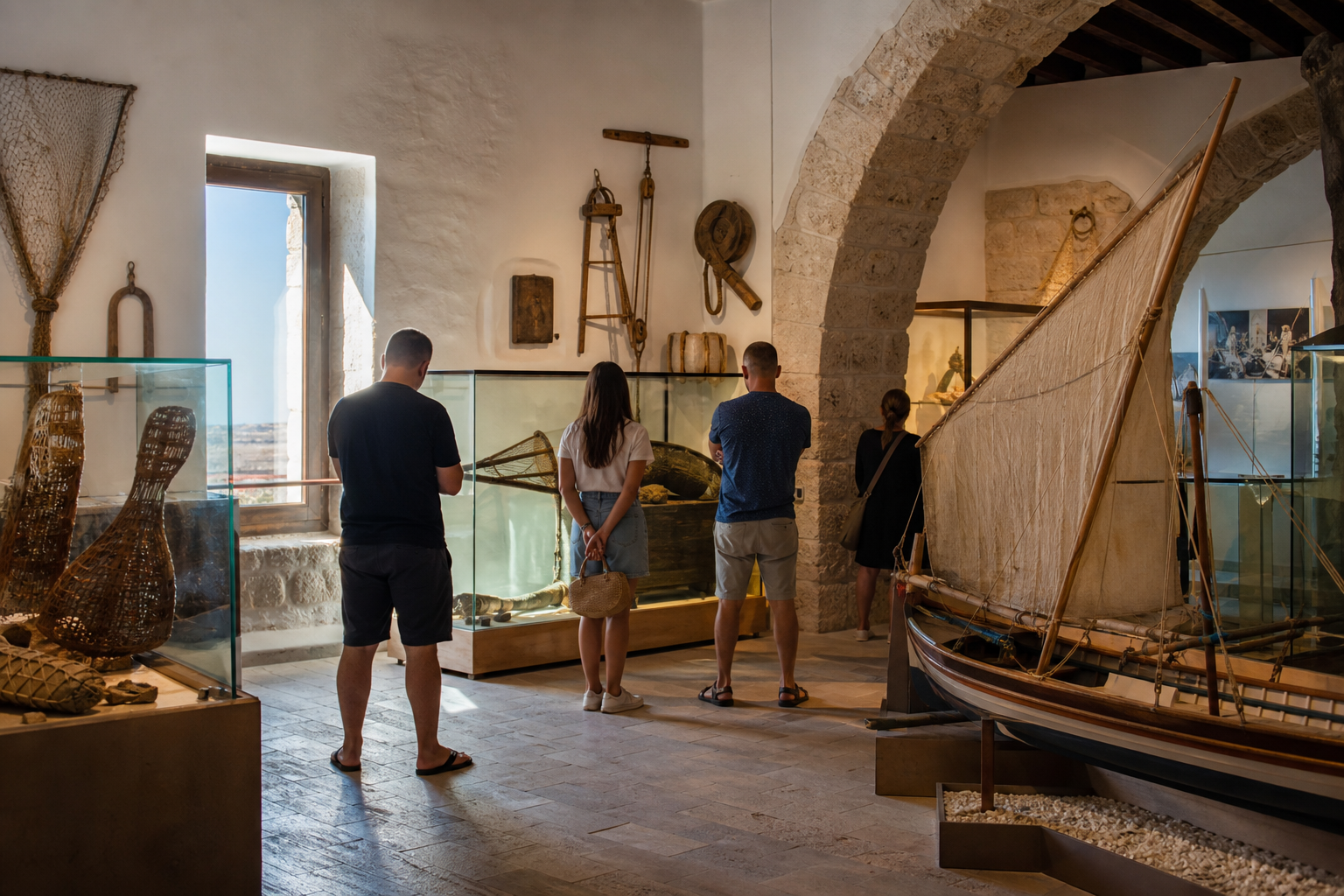Recreación generada con IA del interior de un museo marítimo con visitantes y artes de pesca