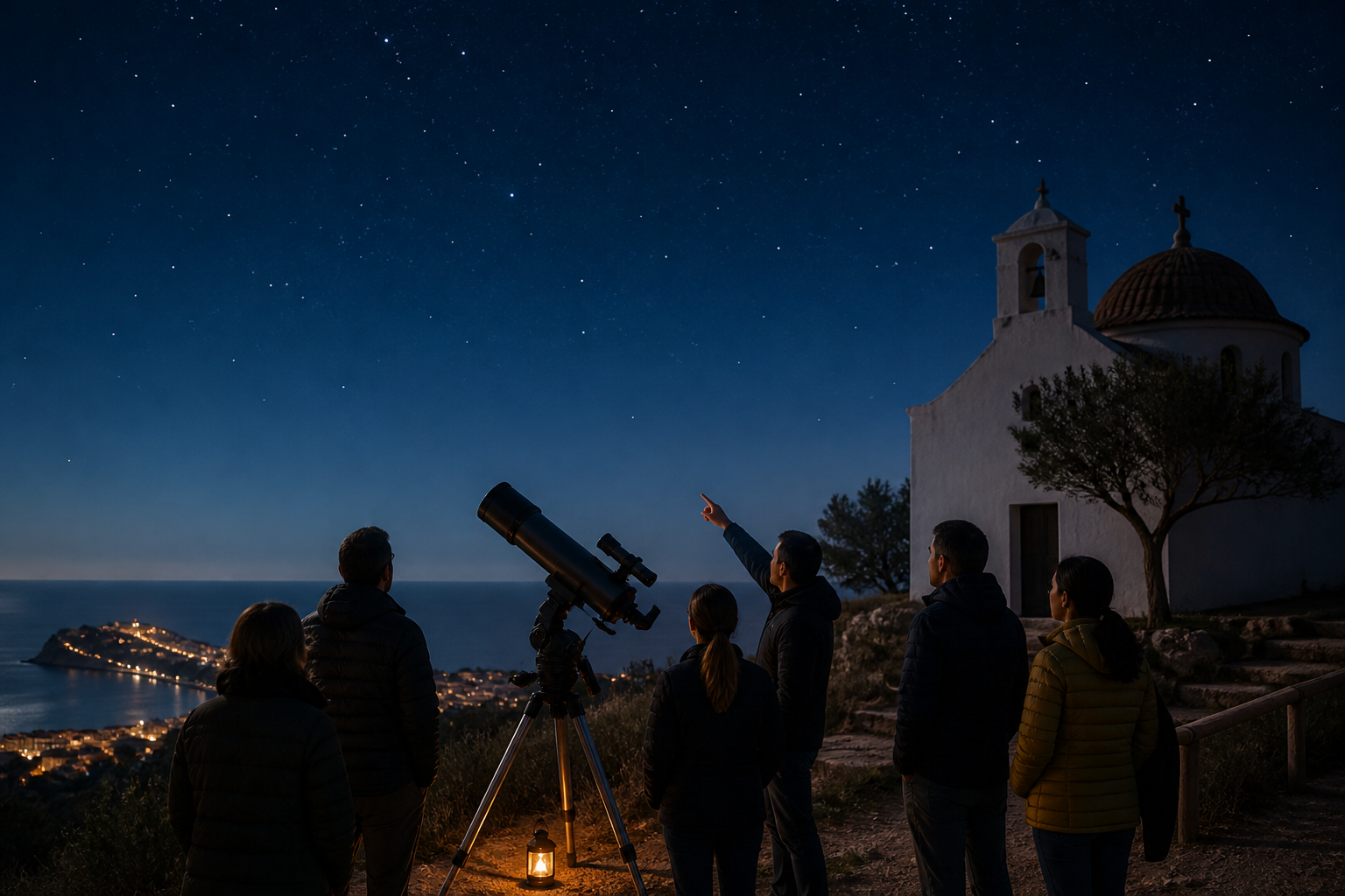 Ilustración generada con IA de un grupo observando el cielo con un telescopio junto a una ermita