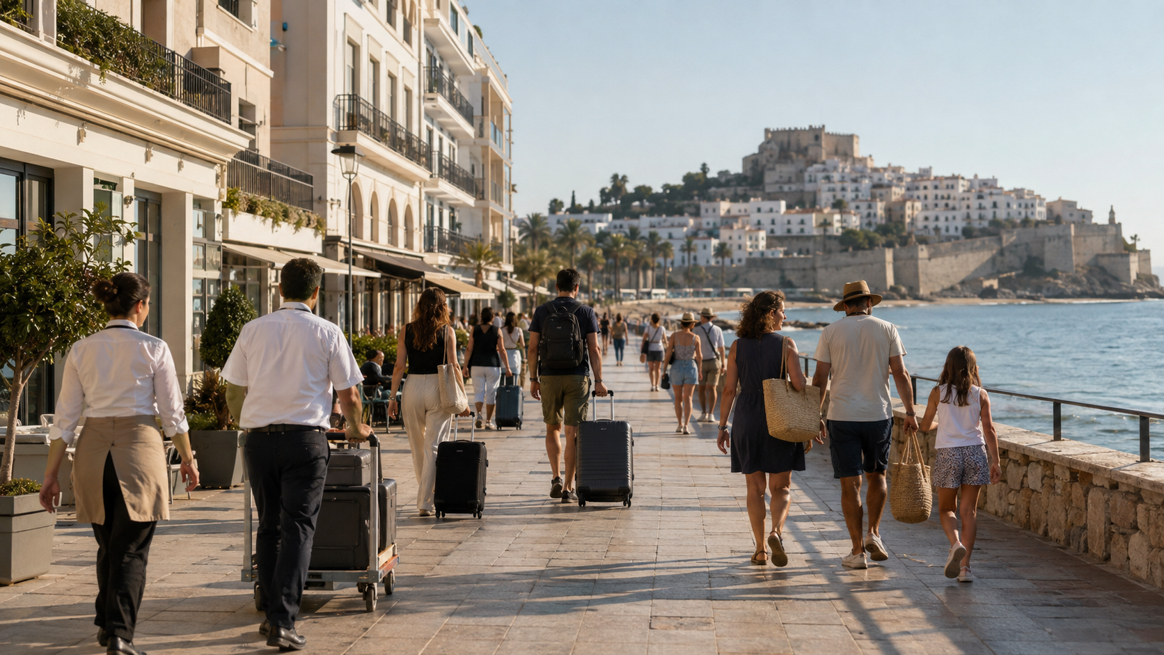 Recreación generada con IA de actividad hotelera y viajeros en un paseo marítimo inspirado en Peñíscola