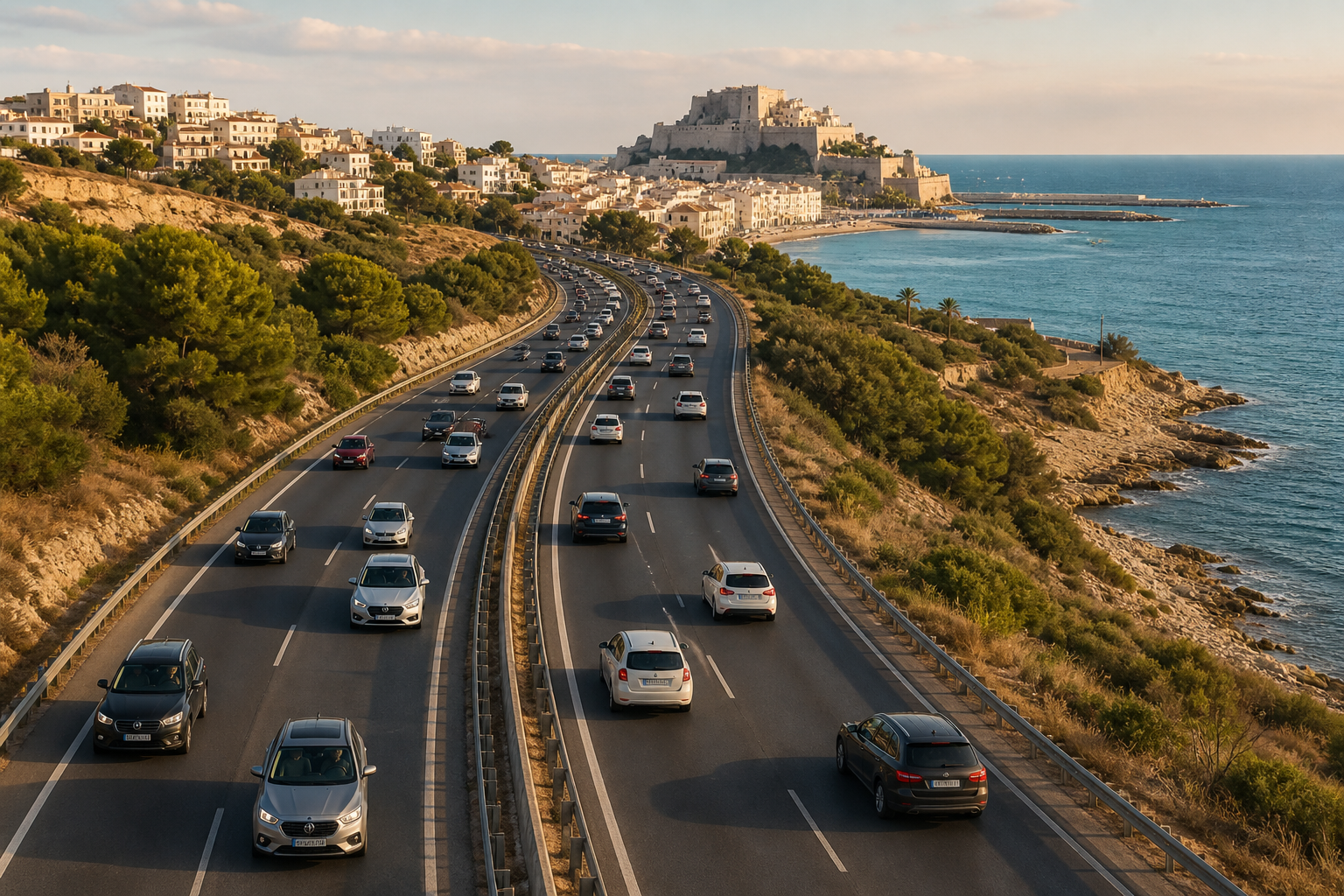 Recreación generada con IA de tráfico de retorno en una carretera mediterránea junto a una localidad costera
