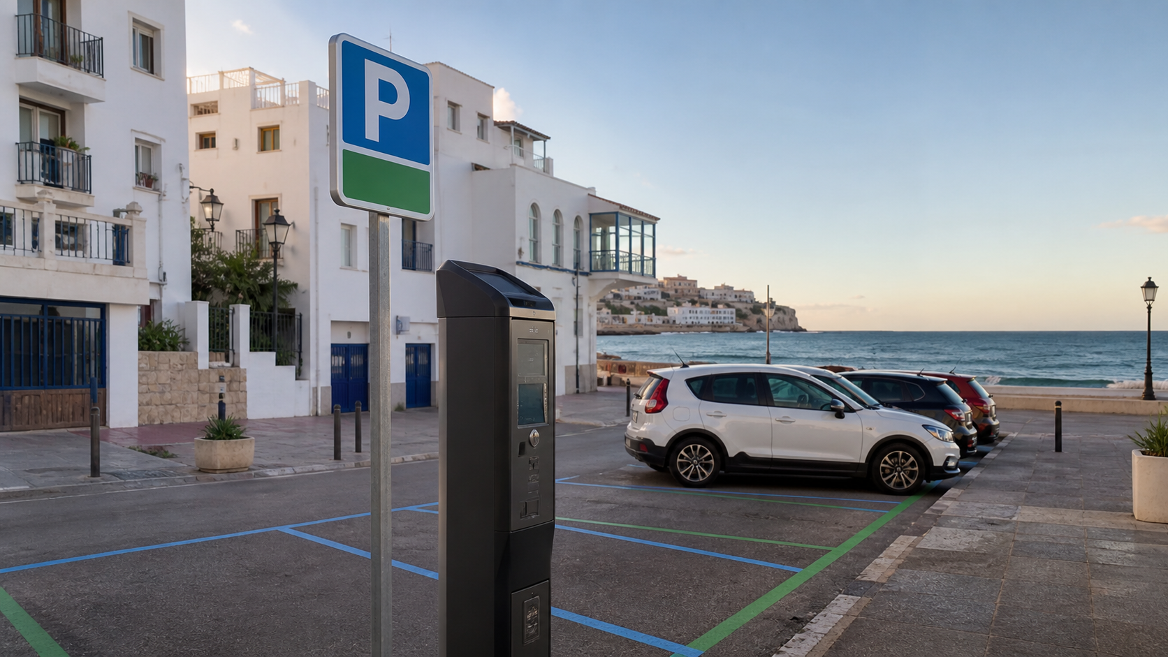 Recreación generada con IA de una zona de estacionamiento regulado junto al litoral de Peñíscola