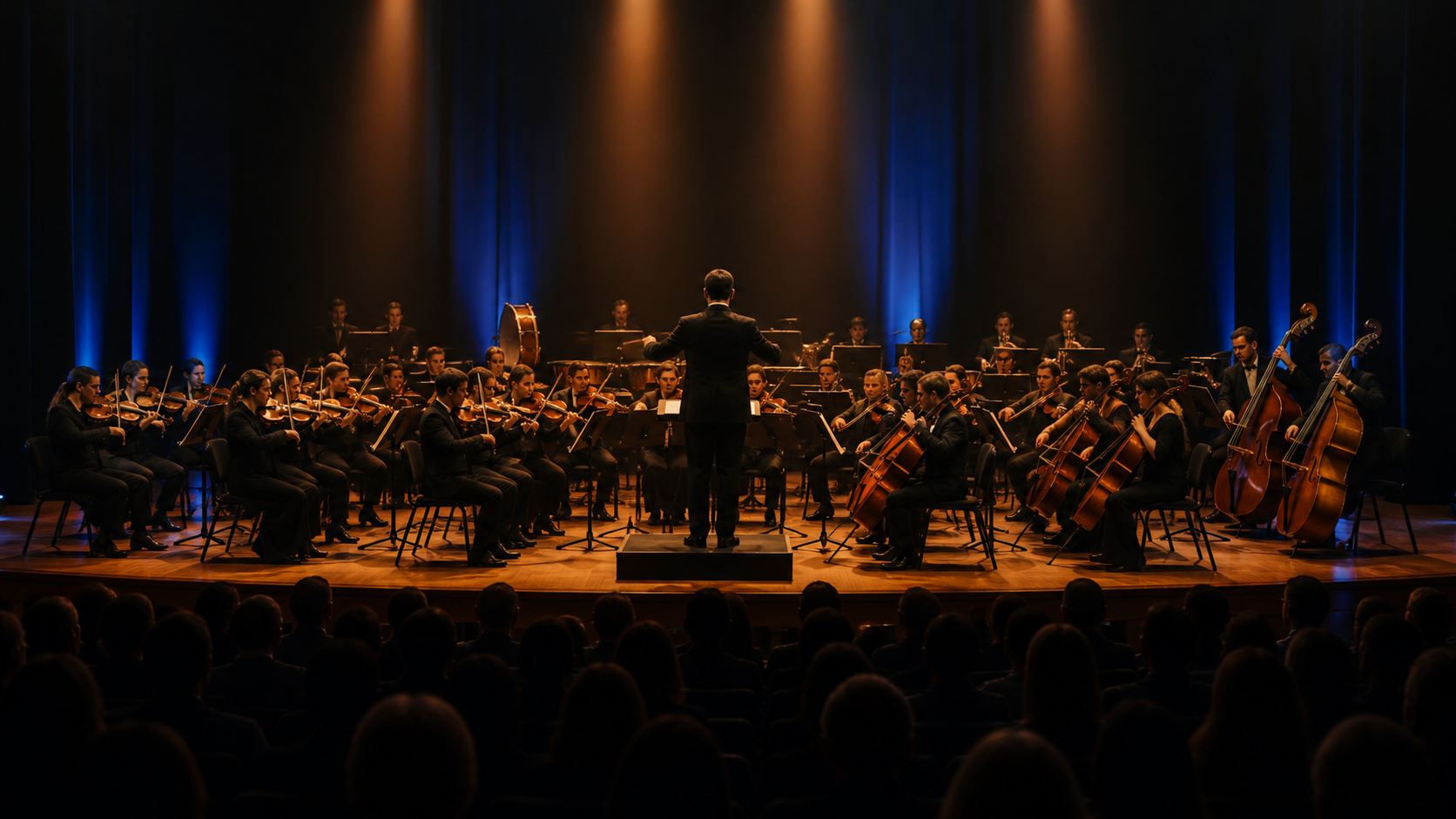 Recreación generada con IA de una orquesta sinfónica genérica actuando en un auditorio